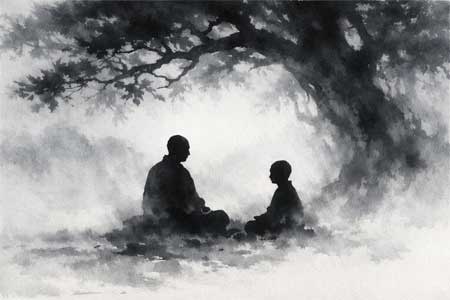 Siluetas de maestro y discípulo en la niebla