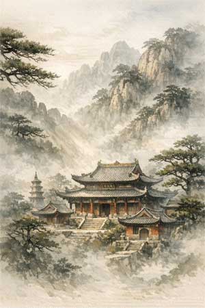 Templo Shaolin de Songshan envuelto en niebla