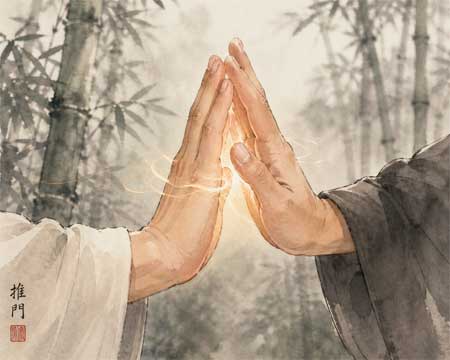 Two hands touching gently in Tui Men practice