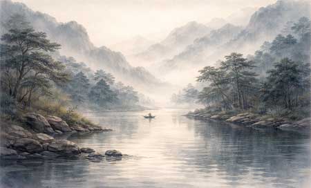 Río serpenteante entre montañas brumosas