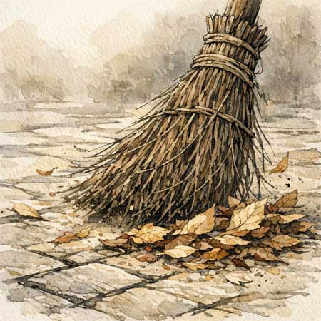 Una scopa di rami naturali che spazza foglie secche