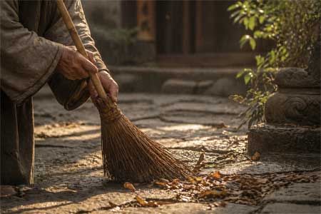 Hands sweeping dry leaves in a temple courtyard